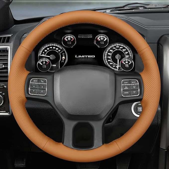 MEWANT Hand Sew Brown Artificial Leather Steering Wheel Cover for Dodge RAM 1500 2012-2018 1500 Classic 2500 3500 5500
