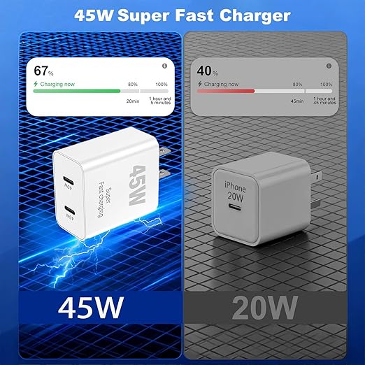 45W iPhone 17 16 15 Charger Fast Charging, 2-Pack Dual Port USB C Wall Charger Block with 2-Pack 6ft 60W Type C to USB C Cable, PD Fast Charger for iPhone 17 Pro Max/17 Air/16/15, iPad Pro