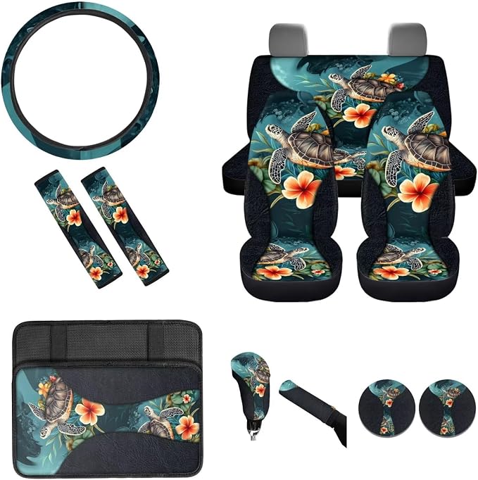 BIGCARJOB Floral Turtle Car Seat Cover Set 12 Pcs Universal Steering Wheel Covers,Armrest Pads,Auto Seat Protector Full Set,Fit Most Vehicle,Cars,Sedan
