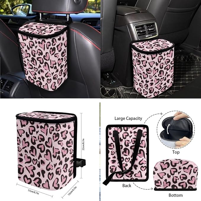Leopard Heart Print Car Seat Covers Full Sets of 10 Waterproof Steering Wheel Cover, Car Air Vent Storage, Car Garbage Can, Cup Coaster, Lanyard Keychain for Vehicle SUV Truck