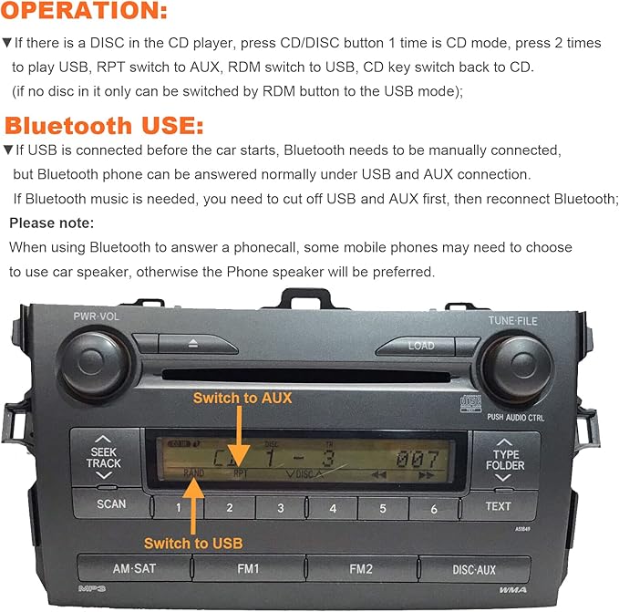 Car Stereo Transmitter Build-in Bluetooth 5.0 with USB & AUX Input Hands-Free Calling Adapter for Toyota Corolla 2005-2011, RAV4 2003-2011, Avensis 2003-2011, Tacoma 2004-2008