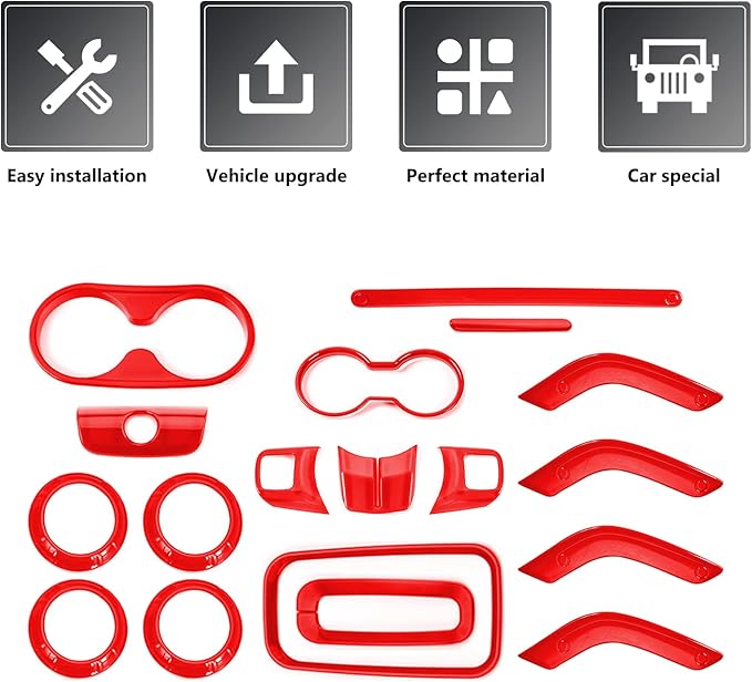 RAZPOY JK 18PCS Interior Trim Kit, Steering Wheel Trim & Gear Shift Cover Air Conditioning Vent Trim Compatible with 2011-2017 Jeep Wrangler JK 4-Door, Red