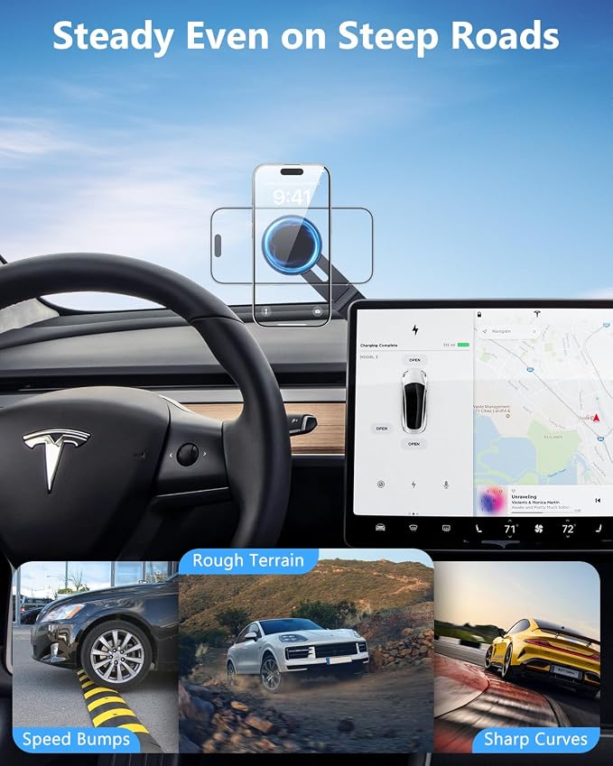 Tesla Phone Mount for Magsafe: Tesla Car Phone Holder for Tesla Model 3/Y Accessories 【Strongest N52 Magnet + 360° Adjustable】 Foldable Hidden Car Mount Magnetic iPhone & Android