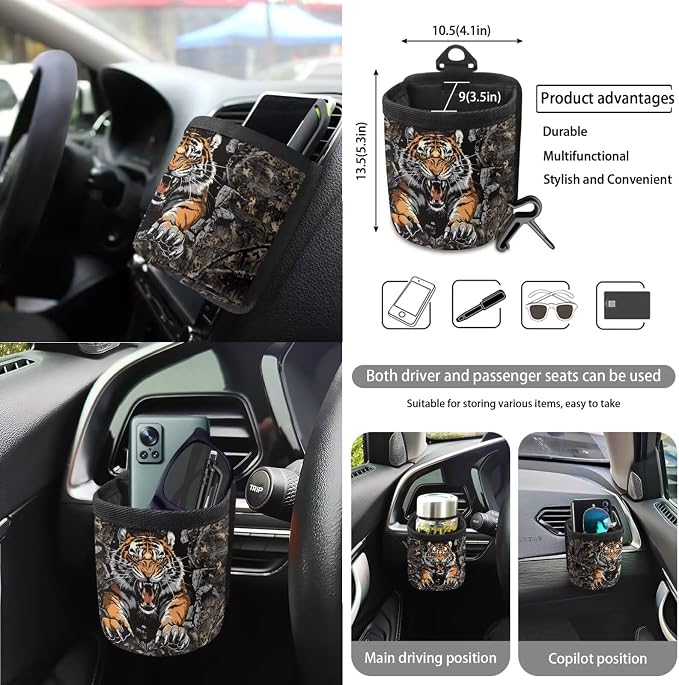 Tiger Forest Camo Print 15PCS Car Seat Protection Steering Wheel Cover, Seat Belt Strap Cover Trash Can Keychain Air Outlet Pocket Mirror Cushion Universal Fit Most Cars