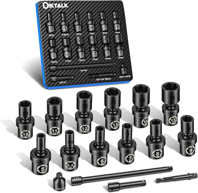 Professional 1/4" Drive Impact Swivel Socket Set,16-Piece Universal Metric Wobble Sockets (5-15MM) with 2", 6" Extension Bars & Socket Adapters, 6 Point, CR-MO, EVA Foam Organizer