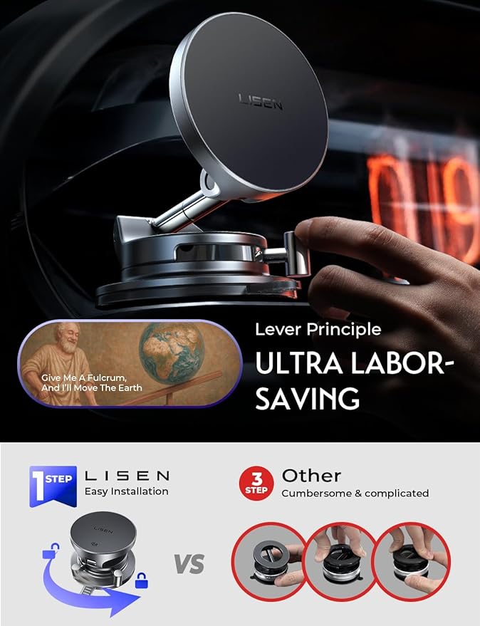 LISEN 15W Magsafe Car Mount Charger, Magnetic Wireless Car Charger, Suction Phone Mount, Vacuum Magnetic Phone Holder for Car Charger for iPhone 17 Pro Max 16 15 14 13 12, Samsung S26/S25,Pixel 10 Pro