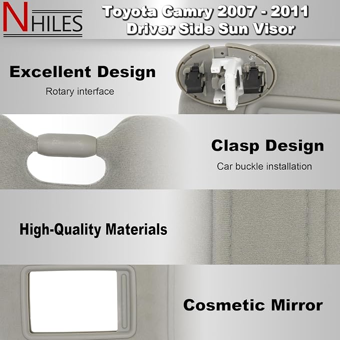 NHILES Driver & Passenger Side Sun Visor Fits for Toyota Camry 2007 2008 2009 2010 2011 Replacement Sun Shade with Light # 74320-33F00-B0 74310-33F30-B0 (Gray)