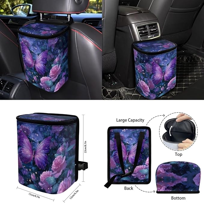 Purple Rose Butterfly 15 PCS Car Seat Cover Set with Auto Steering Wheel Cover Seat Belt Strap Protector Cup Holder Trash Bag Rear View Mirror Protector Keychain