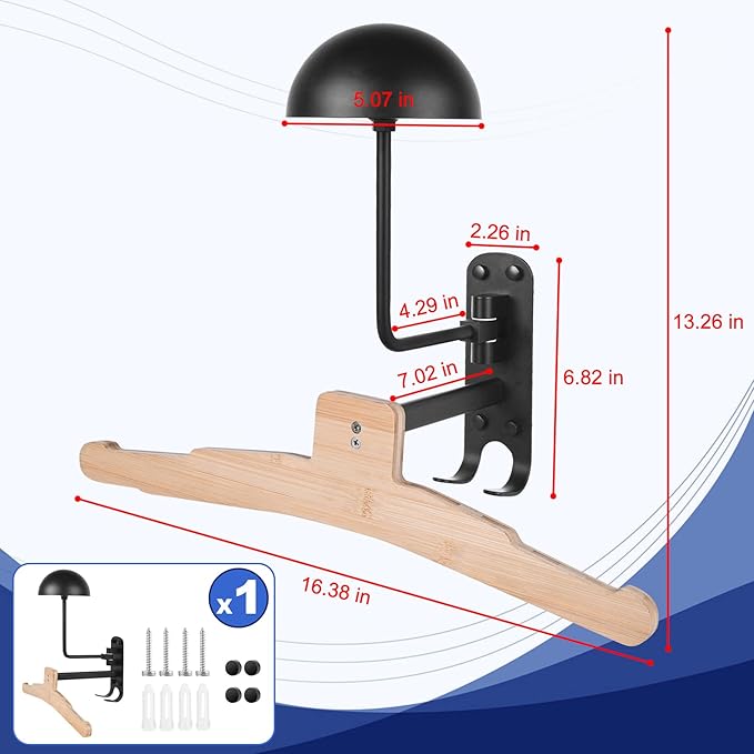 Kikerike Metal Bike Helmet Rack Wall Mount - 180 Degree Rotation, Stand with Wood Hanger & 2 Hooks for Motorcycle, Bike, Baseball, Rugby Helmets - 1 Pack