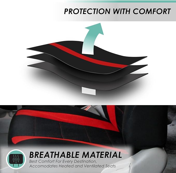 FH Group Car Seat Covers Universal Fit Full Set Interior Accessories, Sports Red Seat Covers with Airbag and Split Rear Automotive Combo Vinyl Floor Mats Seat Covers for Cars Vans Trucks and SUV