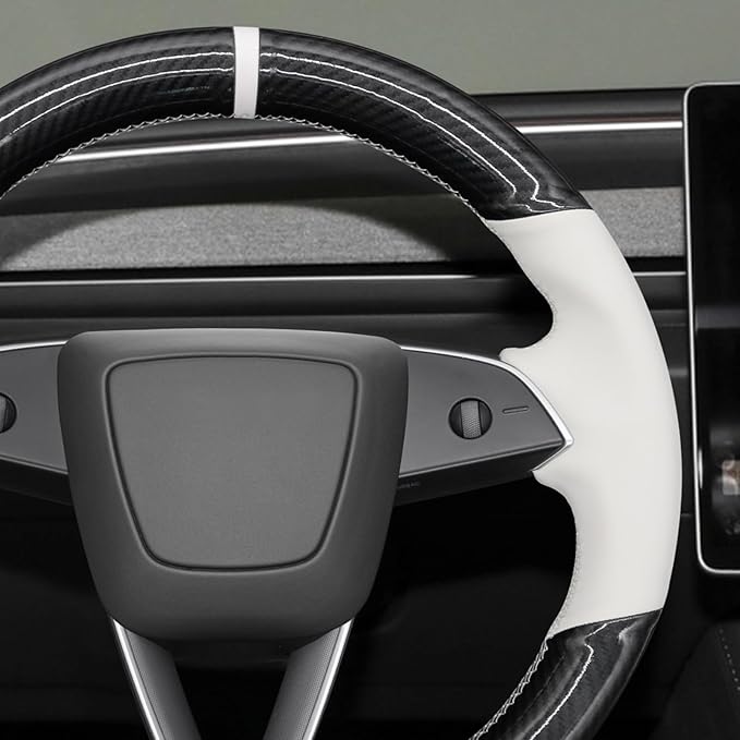 MEWANT Stitching White Faux Leather PU Carbon Fiber Steering Wheel Cover for Tesla Model 3 Highland 2025 Model Y Juniper