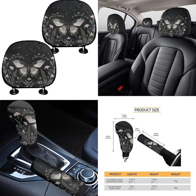 Lavender Moth Moon Floral Car Seat Covers Full Set 15 Pcs Universal Car Accessories Steering Wheel Cover Seat Belt Pads Garbage Bag Car Headrest Pillow Covers Armrest Pad