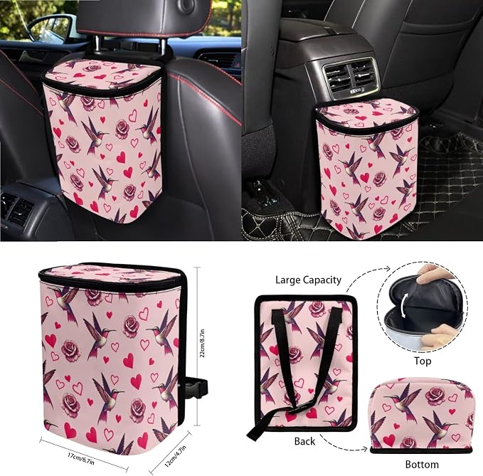 Hummingbird Rose Heart Pattern Car Seat Covers for Women with Steering Wheel Cover and Seat Belt Pads, Trash Bin, Mirror Cover, Cup Coasters, Keychain, Pack of 15