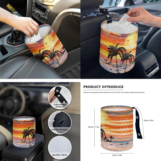 Sunset Tropical Palm Car Seat Cover Full Set Automotive Steering Wheel Covers Auto Seatbelt Pads Coaster Trash Can Rear View Mirror Cover Car Coasters Keychain 15 Packs