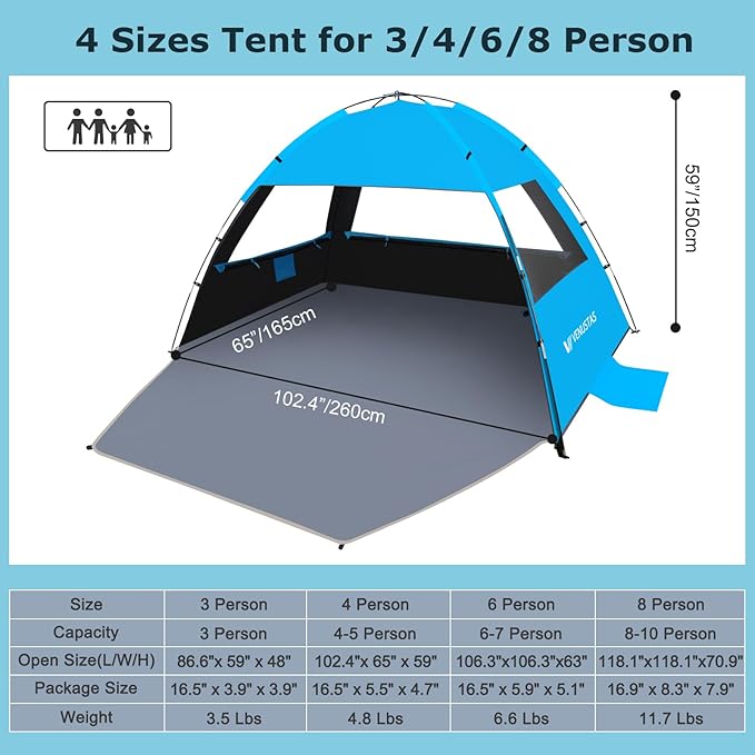 Venustas Beach Tent Sun Shelter for 3/4/6/8 Person, UPF 50+ UV Protection Beach Canopy, Lightweight and Easy Setup Cabana, Portable Shade Tent