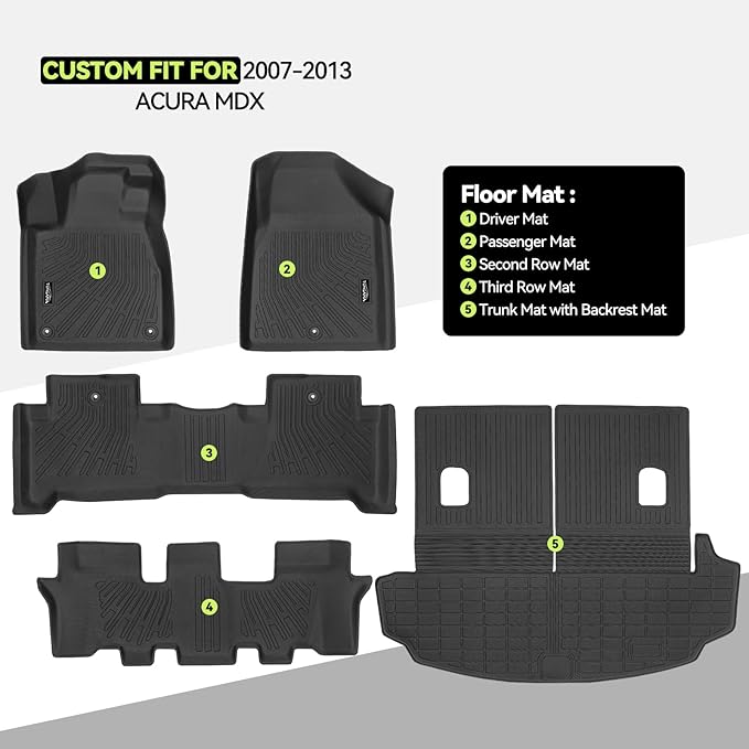 Tongama-Floor Mats for 2007-2013 Acura MDX, All Weather TPE Floor Liners and Trunk Mat with Backrest Mat for Acura MDX Waterproof Interior Accessories
