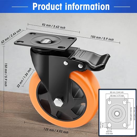 5" Swivel Plate Casters, 1400Lbs Capacity with Brake | Orange, 4-Pack, PU Wheels, Double Ball Bearings, Quiet & Non-Marking, for Workbenches