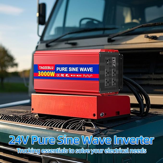 3000W 24V Pure Sine Wave Inverter, 24V DC to 110V/120V AC Power Inverter for RV、Off Grid、Truck、Power Outage with 4 AC outlets and LCD Display