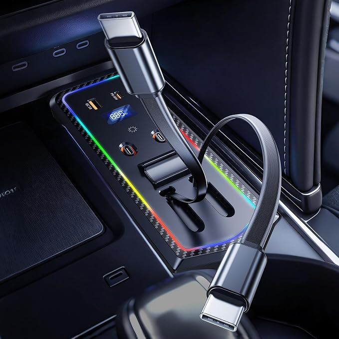 ELOHEI Car Fast Charger for Toyota Camry 2026 2025 2024 with 8-Color Ambient Light, Multi Port Retractable Docking Station for Toyota Camry 2023-2026 Accessories (Black)