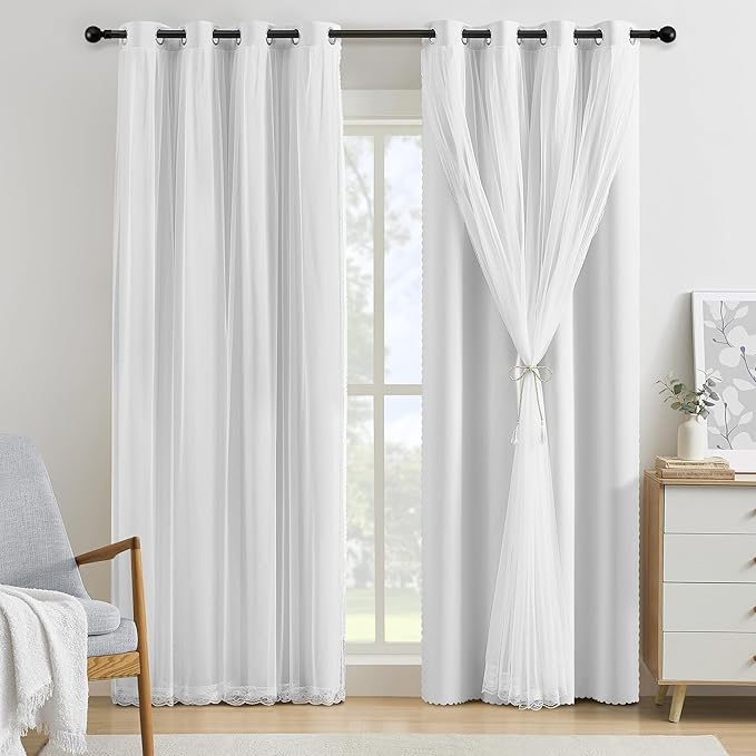 XiDi White Blackout Curtains 96 Inches Long for Bedroom 2 Panels Mix & Match Double Layer Curtains with Sheer Overlay Thermal Insulated Window Treatment White Drapes for Living Room Grommet Top 52x96
