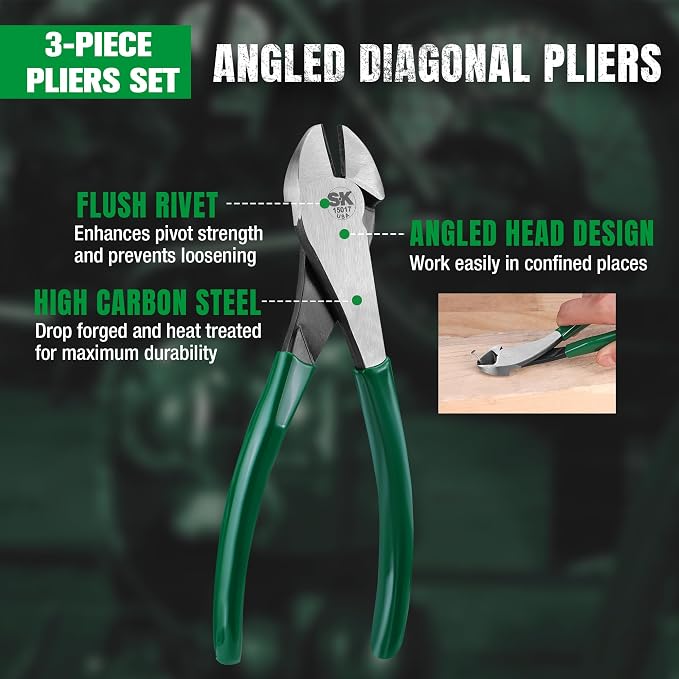 SK Tools USA 3 Piece Pliers Set: Diagonal Cutting, Long Nose Cutting, Linesman | 17842