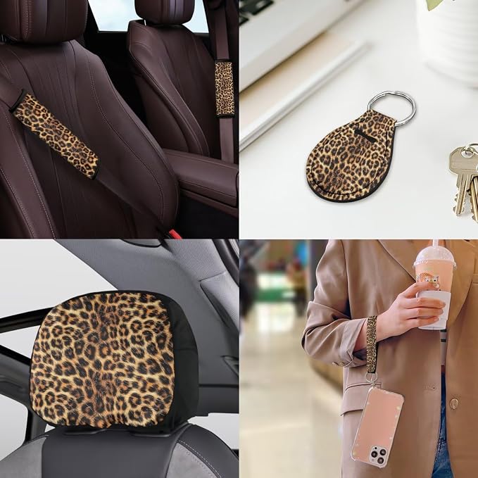 18 Pcs Car Seat Covers Full Sets Leopard Print Car Interior Accessories Sets with Cheetah Car Seat Belt Pads Cover Car Headrest Covers Auto Trash Bag Steering Wheel Cover,Easy to Install