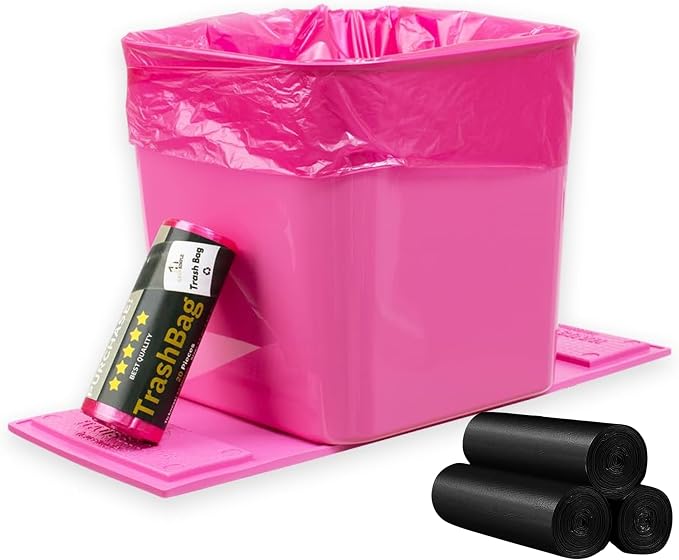Pink Car Trash Can Plus Trash Bag Bundle – Leakproof, w/Stability Flap, Anti-Slip Base, Portable – Includes 1 Roll Inside + 3 Extra Roll (80pcs) – Black, Large – for Cars, SUV, & Trucks