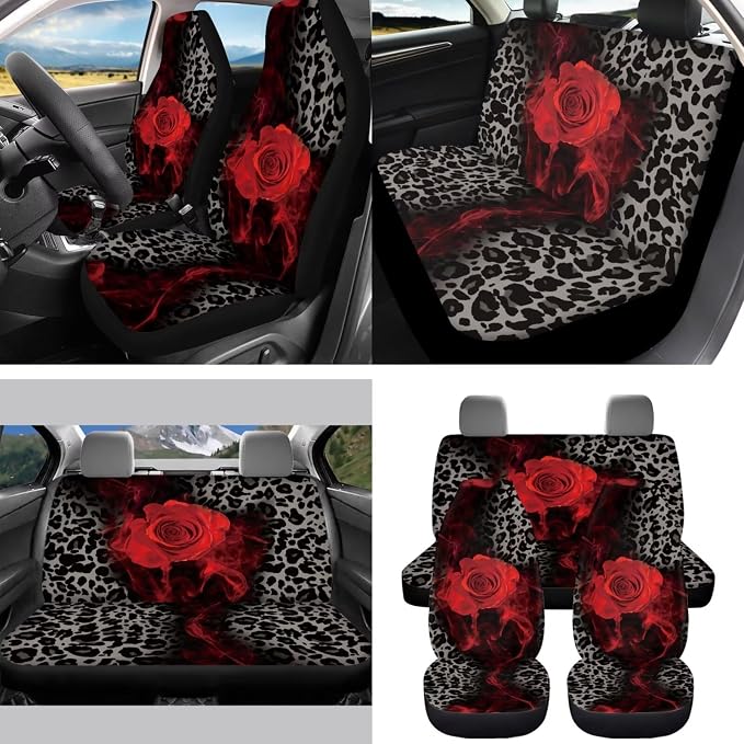 15 Pcs Black Leopard Car Seat Covers Full Set for Women Goth Rose Car Accessories Interior Car Steering Wheel Cover Seatbelt Covers Trash Bin Rear View Mirror Cover Cup Holders Keychain