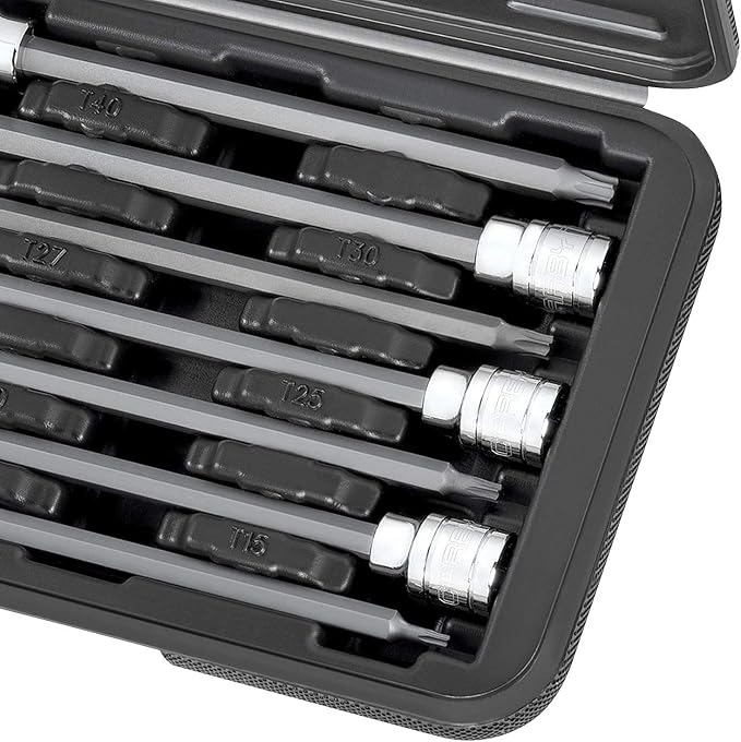 CARBYNE 7-Piece Torx Extra Long Bit Socket Set, T10 to T40, 3/8 in. Drive, S2 Steel Bits, CrV Sockets, Zinc Phosphate, 6.1 in. Length, Durable Case, Genuine Licensed Torx