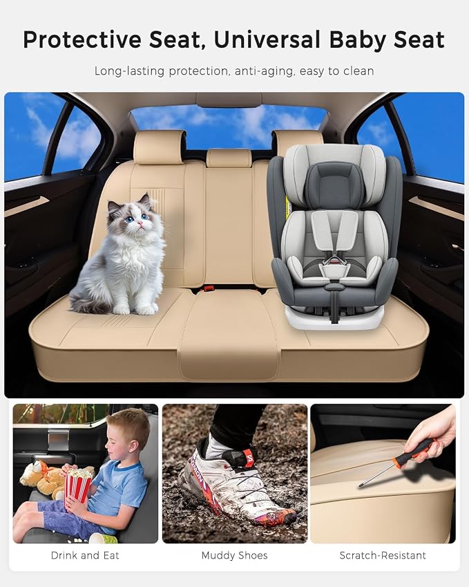 Huidasource Beige Rear Seat Cover, Nappa Leather Back Seat Cover with Ventilation Holes, Velcro Adjustable, Compatible with Seat Belts, Child Safety Seats, Fit for Most Cars SUV Truck, Beige