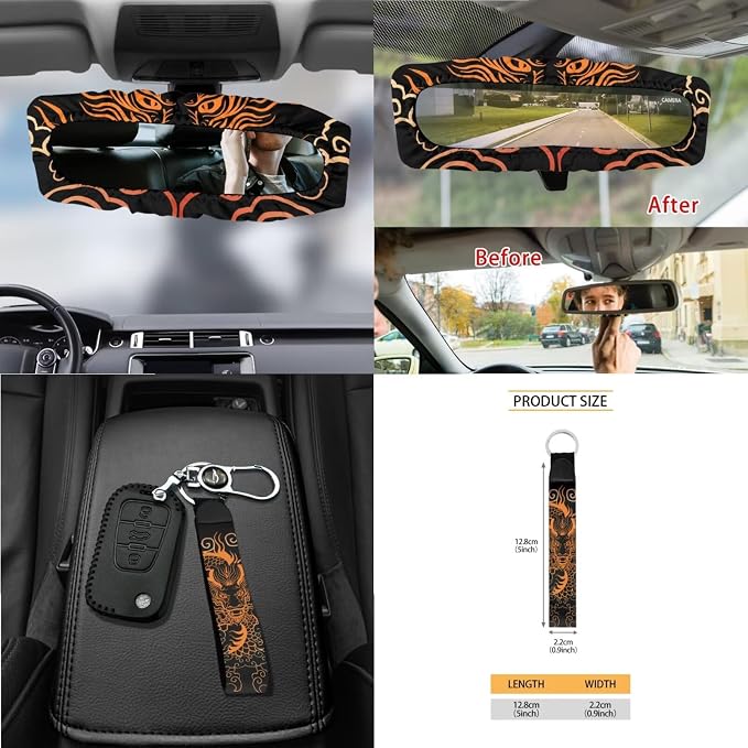Dragon Print Auto Interior Sets Front Rear Car Seat Covers Steering Wheel Cover Seat Belt Cover Coasters Trash Can Air Outlet Pocket Universal