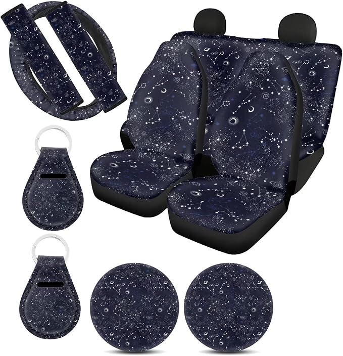 Xoenoiee 11 Pcs Celestial Moon Stars Print Car Accessories Full Set for Women, Universal Front Car Seat Cover, Back Bench Seat Cover, Steering Wheel Covers, Seat Belt Pads, Cars Coaster, Key Chains