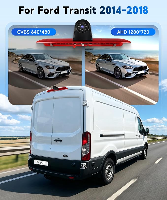 Brake Light Rear View Camera for Ford Transit 2014-2018,IP67 Waterproof, 140° Wide Angle,HD Night Vision,Third Brake Light with Adjustable Angle,12V,10M Wired Connection, Easy & Wired Installation