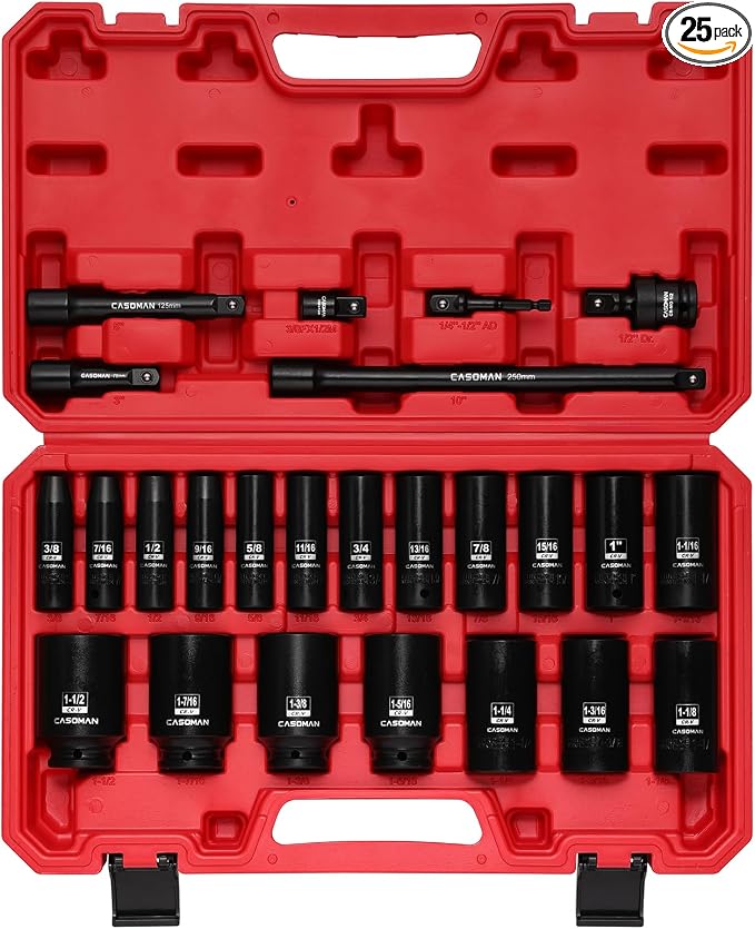 CASOMAN 25 PCS 1/2" Drive Deep Impact Socket Set with Case, 6 Point, 3/8" - 1-1/2", SAE, Include Extension Bars, Socket Adapter, Drill Adapter and Universal Joint