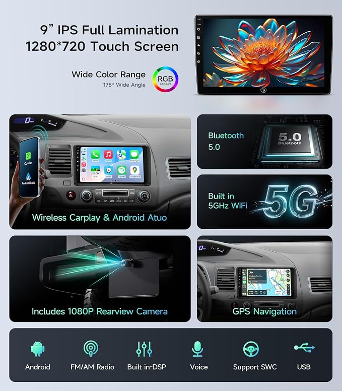 9" Car Stereo Radio for Honda Civic 2006 2007 2008 2009 2010 2011 - Wireless CarPlay Android Auto | 5G WiFi GPS Navigation | IPS HD Touchscreen | Bluetooth/FM/SWC | 1080P Backup Camera