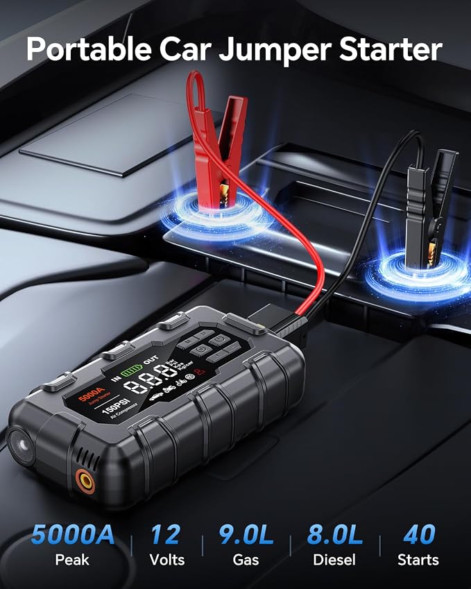 THEKUKU Jump Starter with Air Compressor, 5000A Car Battery Jumper Starter Portable, 12V Jump Box with Display,PD 45W,LED Light, Jumper Cables, and Storage Case