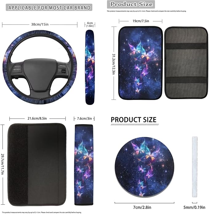 Galaxy Butterfly Car Seat Covers Full Set 12Pcs Purple Butterflies Auto Seat Cover Front Rear Seats Protection,Butterfly Steering Wheel Cover Keychain Armrest Pads for Women Interior Sets