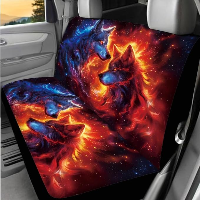 Flame Wolf Car Seat Covers Full Set, Car Steering Wheel Cover, Auto Center Console Pad, Auto Seat Belt Pads, Cool Automotive Interior Accessories Set of 8