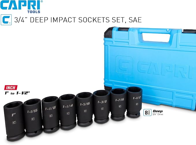 Capri Tools 3/4-Inch Drive Deep Impact Socket Set, SAE, CrMo, 8-Piece