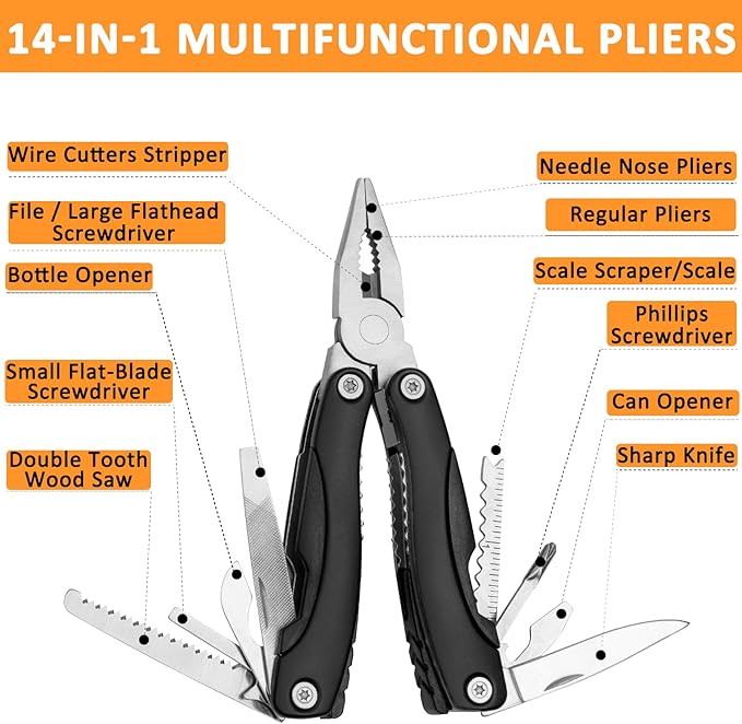 AUTODECO 98 PCS Roadside Car Emergency Assistance Kit with Portable Air Compressor Jumper Cables Safety Hammer All in One Pliers Tool Set（Black）