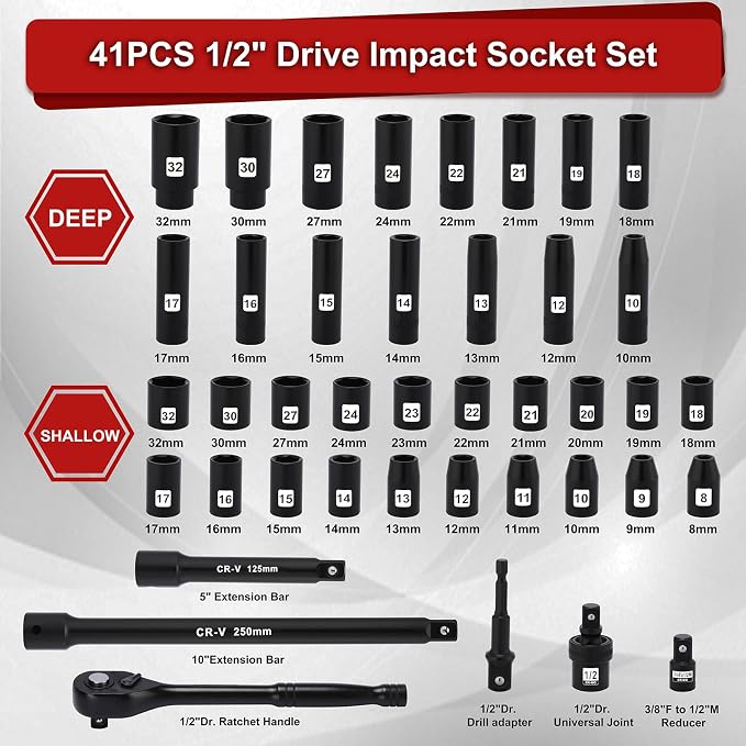 Mayouko 41PCS 1/2" Drive Impact Socket Wrench Set, Deep & Shallow Metric Socket Set 8-32mm, 72 Tooth Ratchet Handle, CR-V, Includes Extension Bars, Universal Joint, Adapters, 6 Point Design