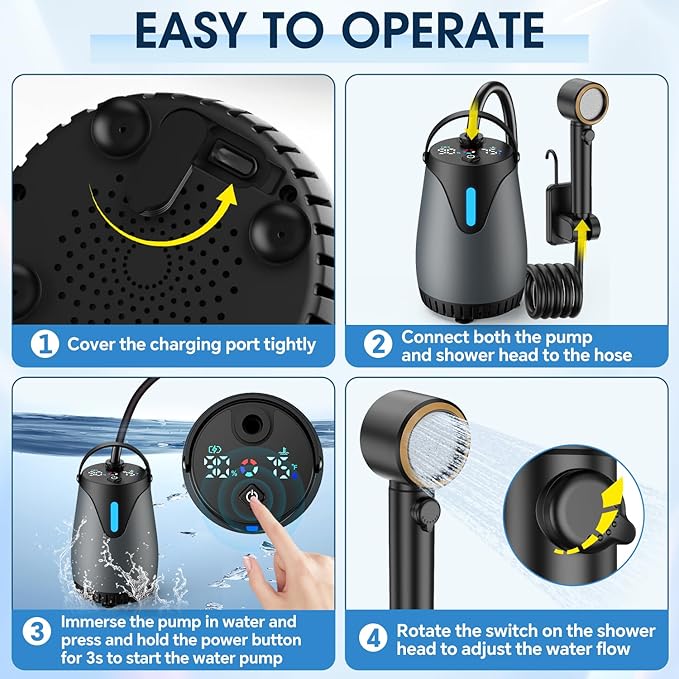 Portable Shower for Camping, 8000mAh Rechargeable Camp Shower Pump, LED Display Temp & Power, 5 Pressure Settings, 4 Spray Modes (+Spray Gun), IPX8 Waterproof, Ideal for Outdoor, Beach, Pet, Car Wash