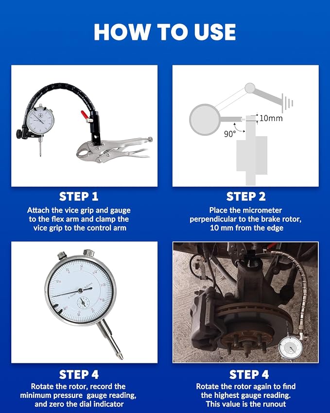 Disc Brake Rotor Gauge Ball Joint Prop Shaft Runout Flatness Measure Tool Clamping Dial Indicator Set with Dial Indicator Gauge, 7 in Locking Pliers and 360° Flexible Stem Holder, Dial Gauge Set