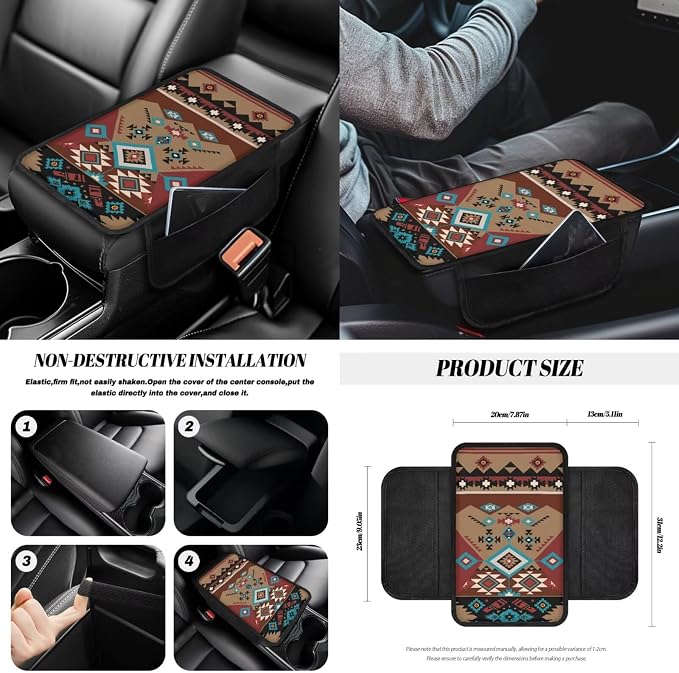 14Pcs Full Set Car Seat Covers Aztec Southwest Front and Rear Split Bench Seat Covers with Steering Wheel Cover Center Console Pad Safety Belt Pads Garbage Bag Cup Mats