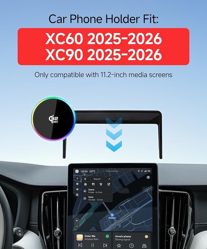 Qi2.2 Max 25W Fast Wireless Car Charger Phone Holder for 2025-2026 Volvo XC60/XC90 11.2-Inch Screen, Magnetic Phone Mount Compatible with MagSafe
