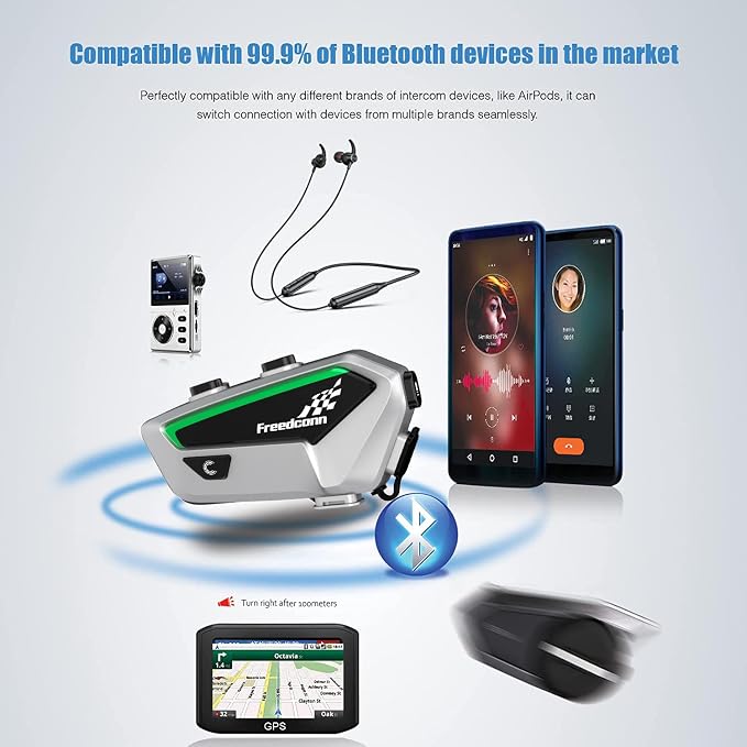 FreedConn FX Motorcycle Bluetooth Headset with Music Sharing, 2pcs FX 10 Riders 1500m Group Helmet Bluetooth Intercom with Noise Cancellation/FM Radio, /Universal Pairing/Silver Ultra-Thin Body