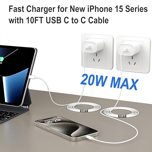 iPhone 17 16 15 Charger Fast Charging, 2Pack 20W Apple USB C Charger Block Plug Brick 10FT USB C to USB C Cable Cord Compatible with iPhone 17e/17 Pro Max/17/16Pro Max/16/15 Plus/15, iPad Pro/Mini/Air