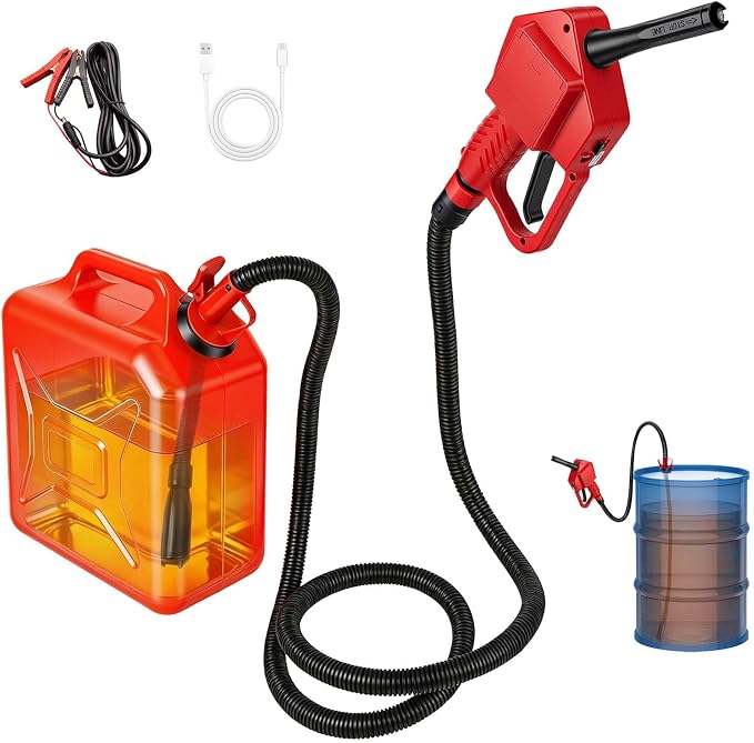 Portable Fuel Transfer Pump with Auto-Stop & Hand Nozzle, 80'' Pumping lift,fit different gas barrel sizes and depths, no adapters needed,3.8GMP, mulitiple power supply,for Gasoline, Diesel, Kerosene