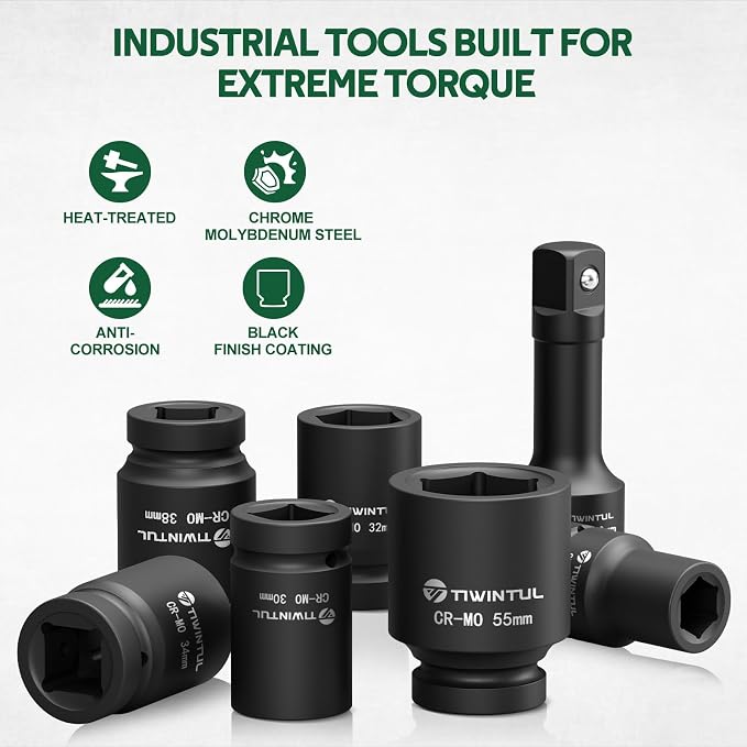 1 Inch Drive Impact Socket Set for Truck, Excavator & Construction Equipment Repair, 21-55mm Metric Heavy Duty CR-MO Socket Set, 18 Pcs with 24" Ratchet Wrench, Sliding T-Bar & Extension Bars