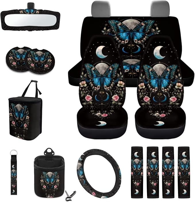 Wanyint Butterfly Flower Moon 15 Pack Car Seat Cover Full Set with Automotive Steering Wheel Covers Auto Seatbelt Pads Coaster Trash Can Air Vent Holder Rear View Mirror Cover Car Coasters Keychain